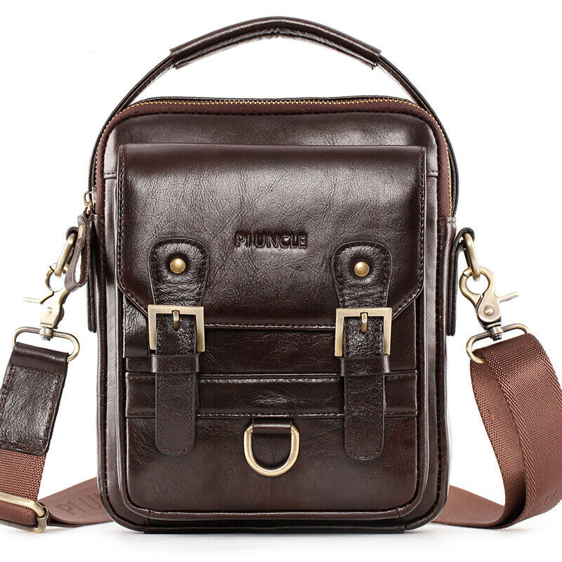 100% Genuine Leather Men's Sling Shoulder/Messenger Bag Double Zipper 8" Handbag