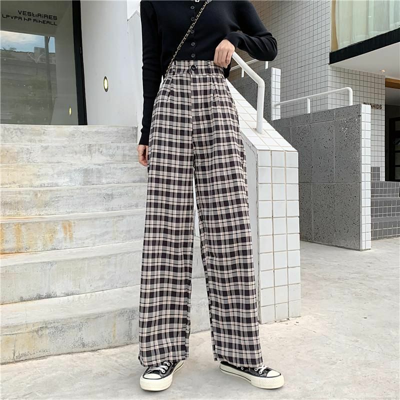 Women Pants Street Simple Vintage Plaid Causal Long Fashion Straight Wide Leg