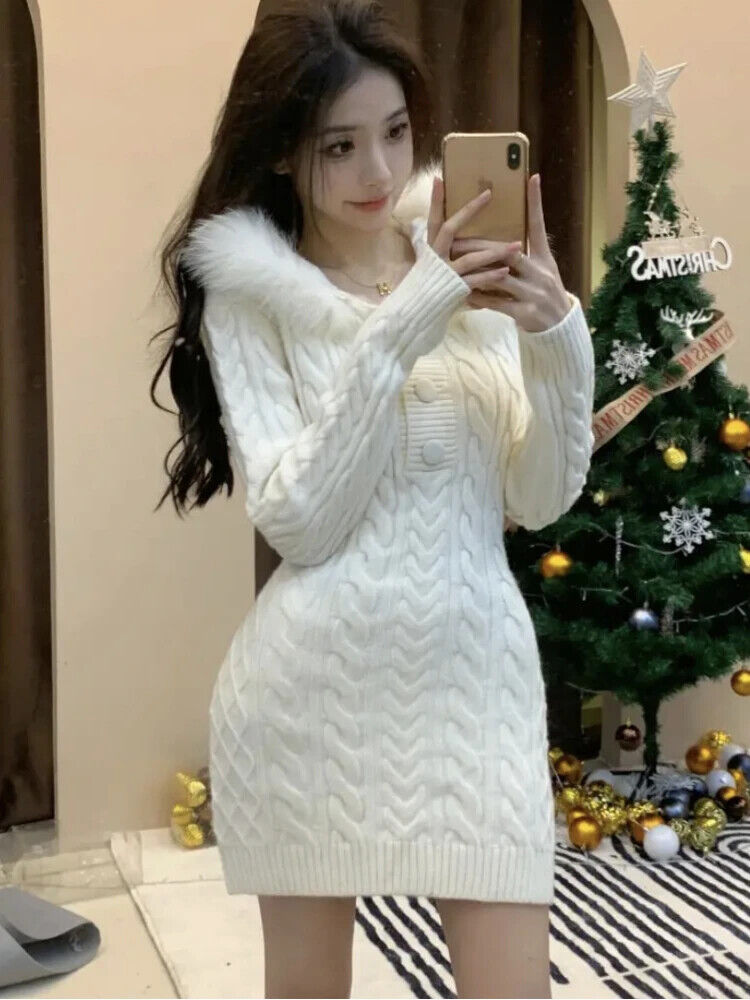 Winter Woman Sweater Feathers Neck Chic Sweater Hoodies Dress Dress Outwear