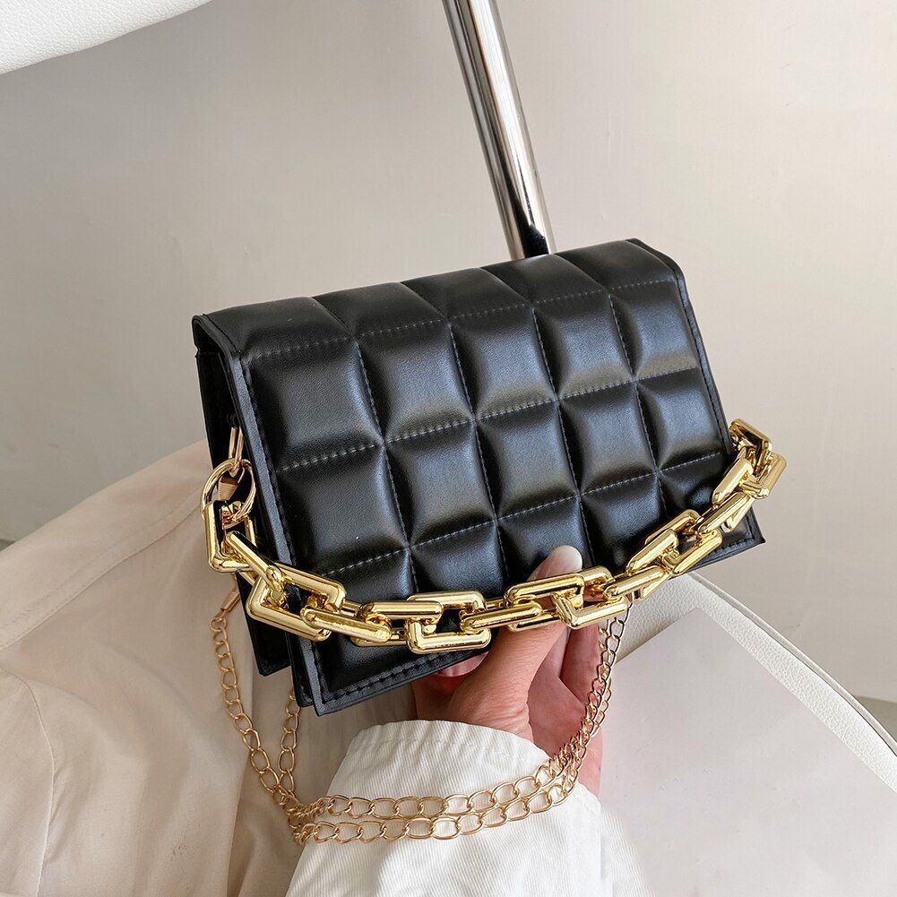 Women Shoulder Bag Metal Thick Chain Quilted Purse Handbag Clutch Bag 22*14*6 CM