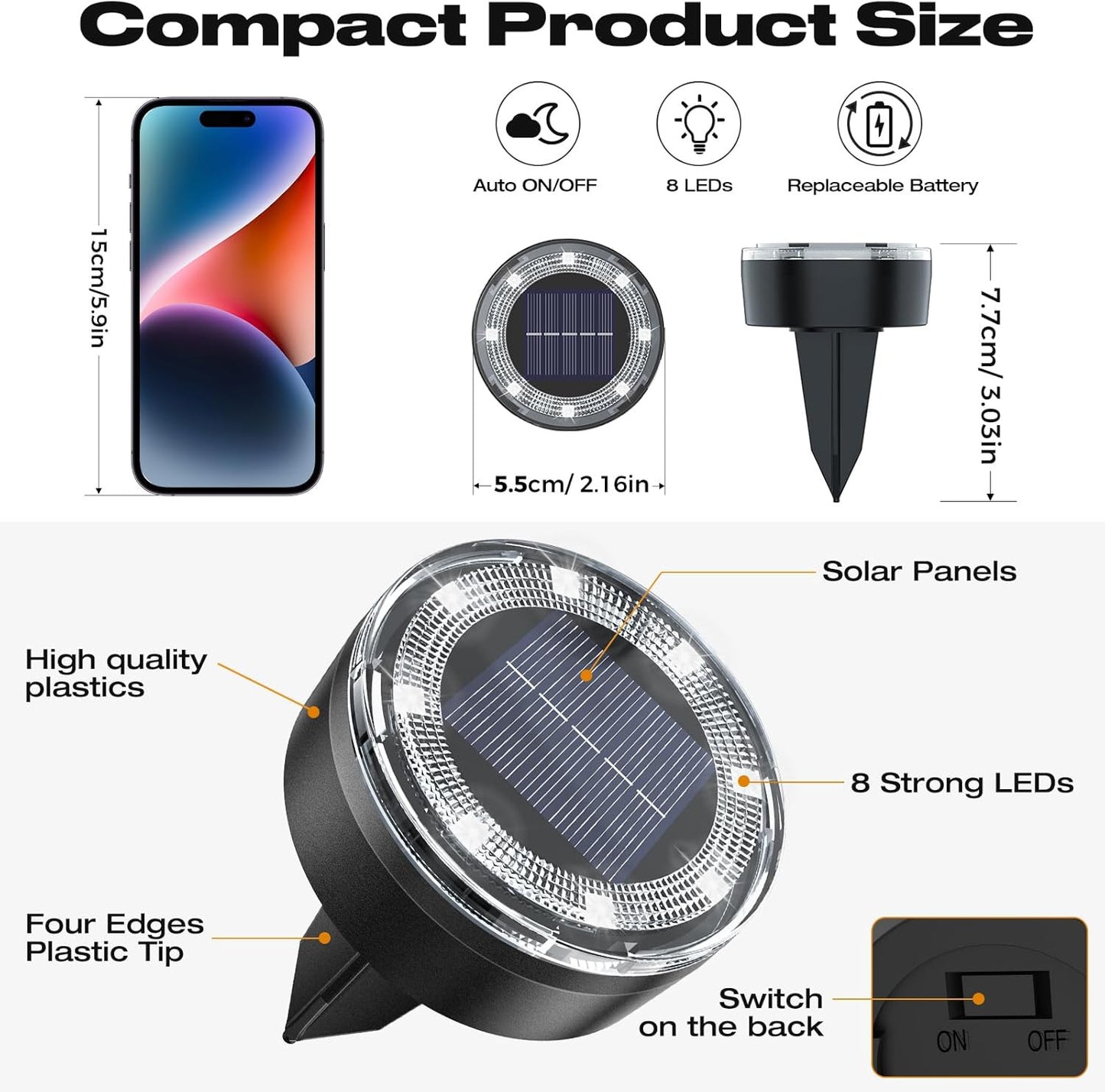 Mini Solar Ground Lights, 2 Pack Solar Lights Outdoor Waterproof, Upgraded LED F