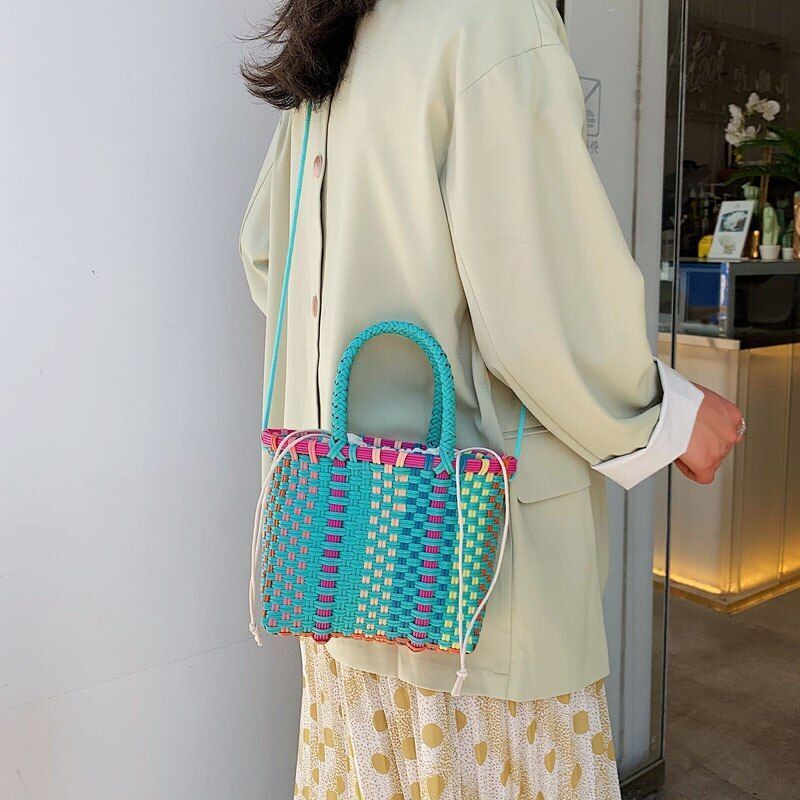 Handmade Shoulder Bag Plastic Woven Small Handbag Rattan Straw Crossbody Purse