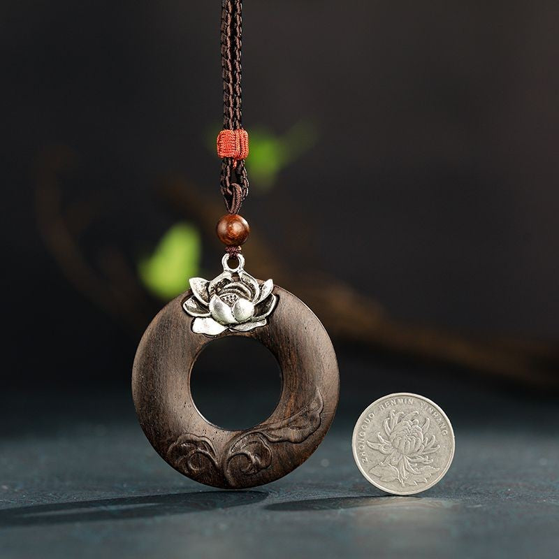Vintage Sandalwood Lotus Safety Buckle Pendant Ethnic Sweater Chain