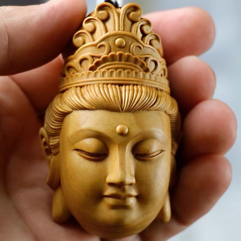 2.3" Natural Wood Carving Artware Avalokitesvara Pendant Men Lucky Hand Statue