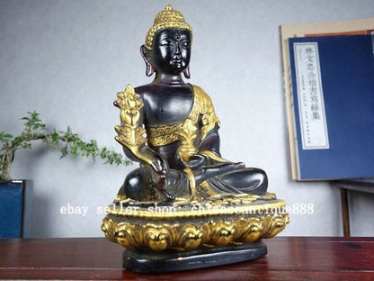 5" Old Purple Colored Glaze Gilt Menla Medicine Shakyamuni Buddha Lotus Statue