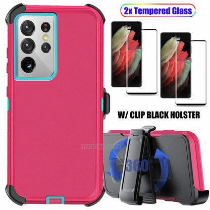 For Samsung Galaxy S21 Plus/Ultra 5G Hard Belt Clip Case Cover Tempered Glass