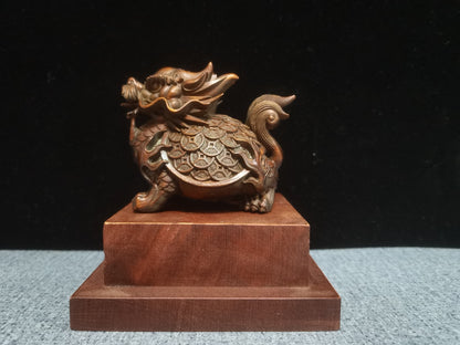 Rare art Boxwood fortune DRAGON tortoise turtle Statue tea pet netsuke chinese