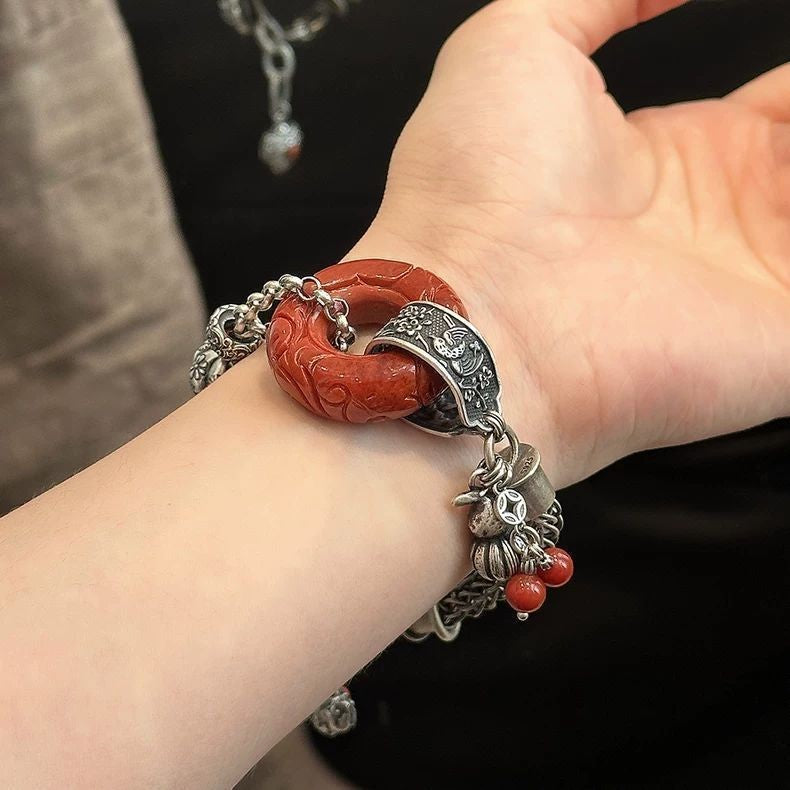 Vintage Chinese Jade Bracelet Retro Silver Tassel Beaded Bracelet for Women