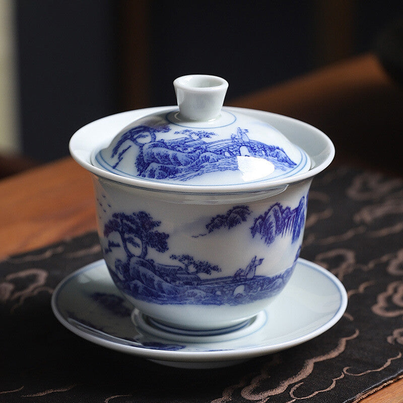 Porcelain Gaiwan Under Glaze Handpainted Tureen Ceramic Covered Bowl Saucer Lid