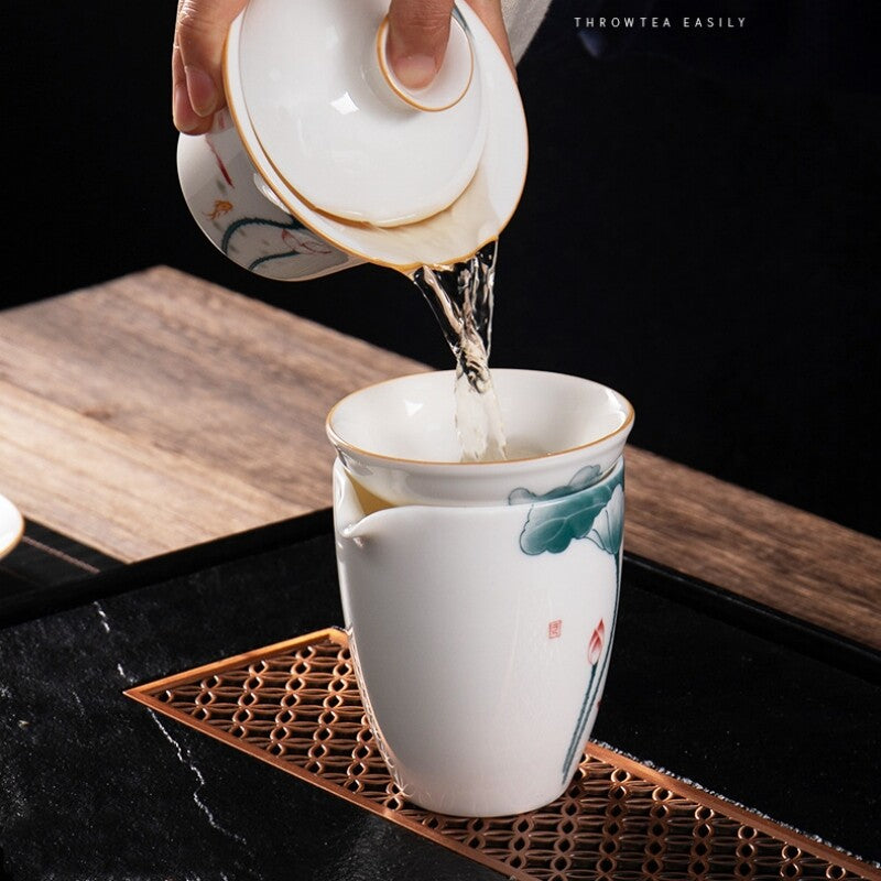 Fat Mutton Jade Porcelain Tea Set Handpainted Tea Pot Gaiwan Pitcher Tea Cup New