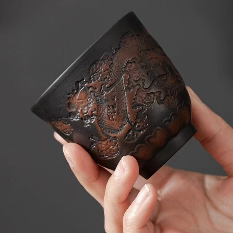 handmade tea cup yixing zisha purple pottery kungfu tea cup dragon pheonix carve
