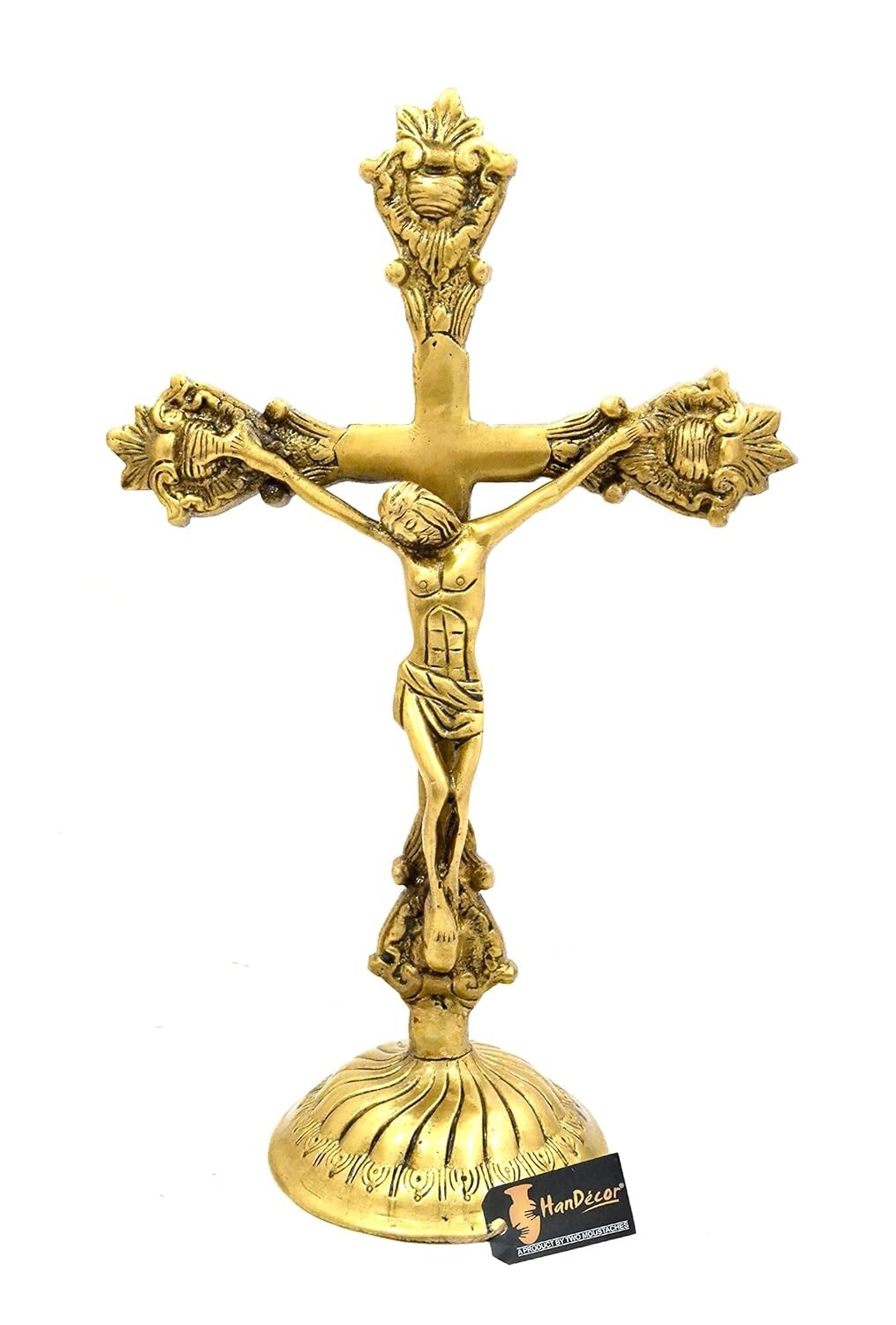 Brass Lord Jesus On Holy Cross Statue Figurine Standard, Antique Yellow 1 Piece