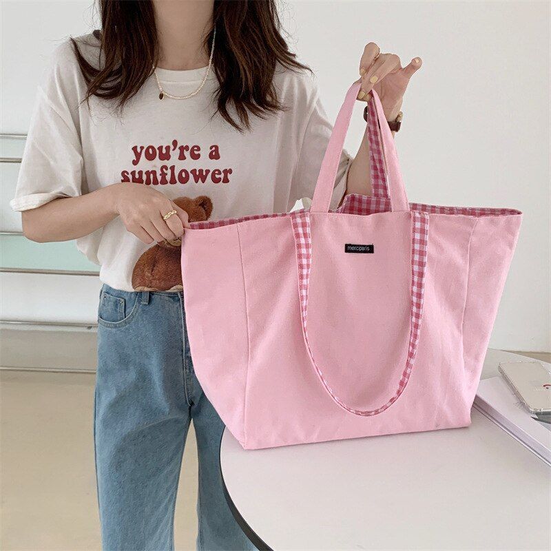 Canvas Bag Women Shoulder Bag Handbag Solid Plaid Shopper Large Double Side Bags