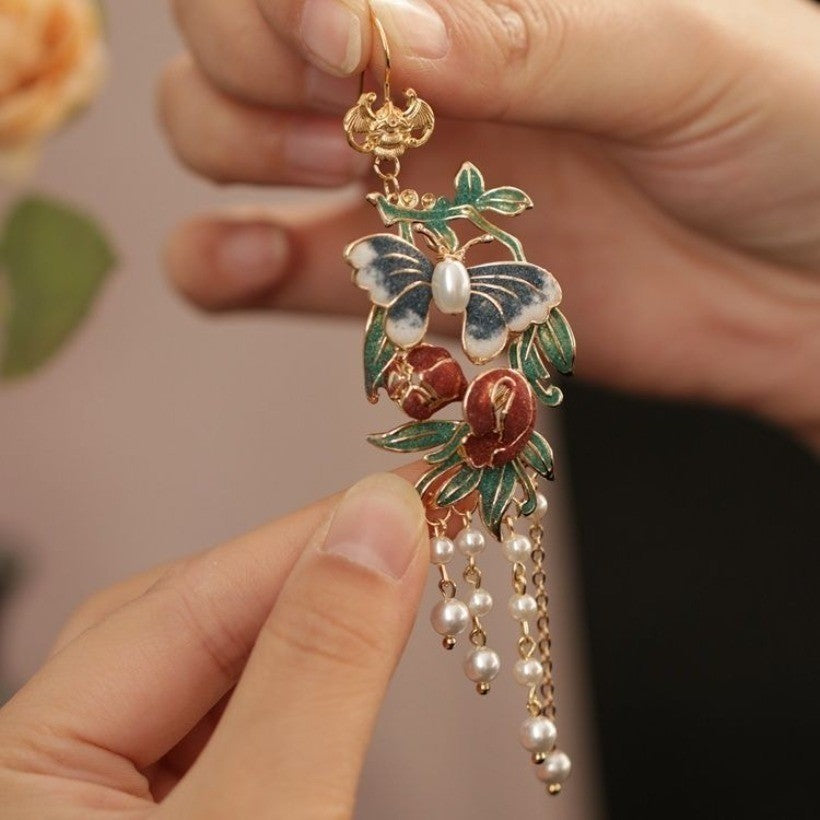 Vintage Court Enamel Butterfly Earrings Tassel Pearl Hanfu Qipao Ear Drops