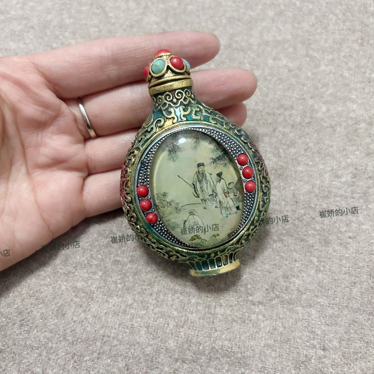 Antique Brass Snuff Bottle Tibetan Inside Painted Double-Sided Snuff Bottle