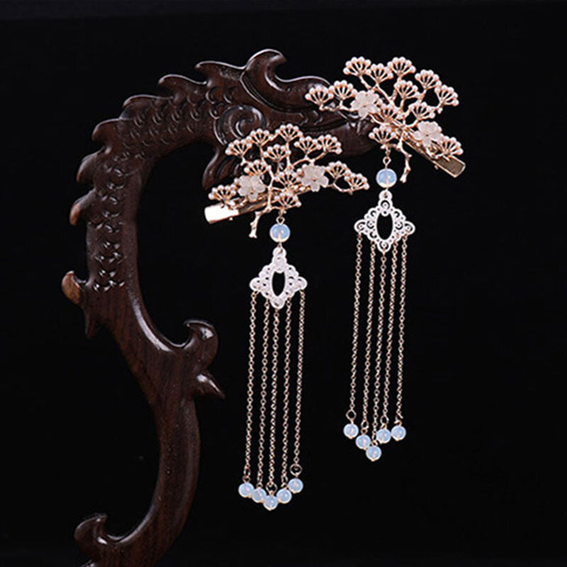 Chinese Traditional Classical Flower Simulated Pearls Tassel Hair Clasp Decor