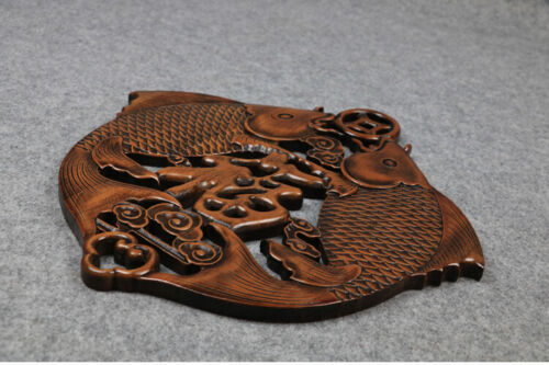 Chinese Wood Carved Feng Shui Fish Plaque Sculpture Wall Hanging Wooden Decor