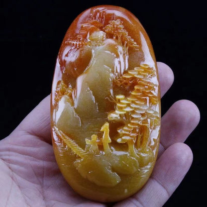 Chinese Antique Huanglong Jade Carving with Landscape Pattern Waist Tag Pendant
