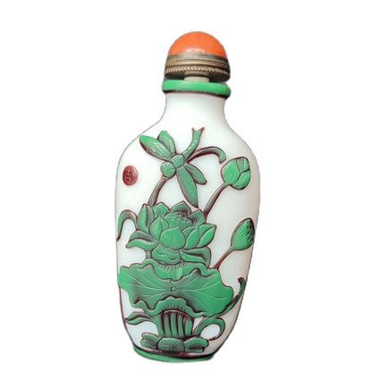 Chinese Carved Snuff Bottle Glass Beautiful Collection Dragonfly Lotus Odonata