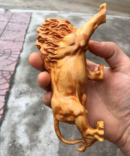 Cypress Wood Carved Male Lion Statue Animal Art Sculpture Table Decor