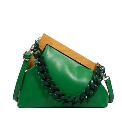 Handbag Thick Chain Triangle Design Leather Crossbody Bag Wooden Handle Purses