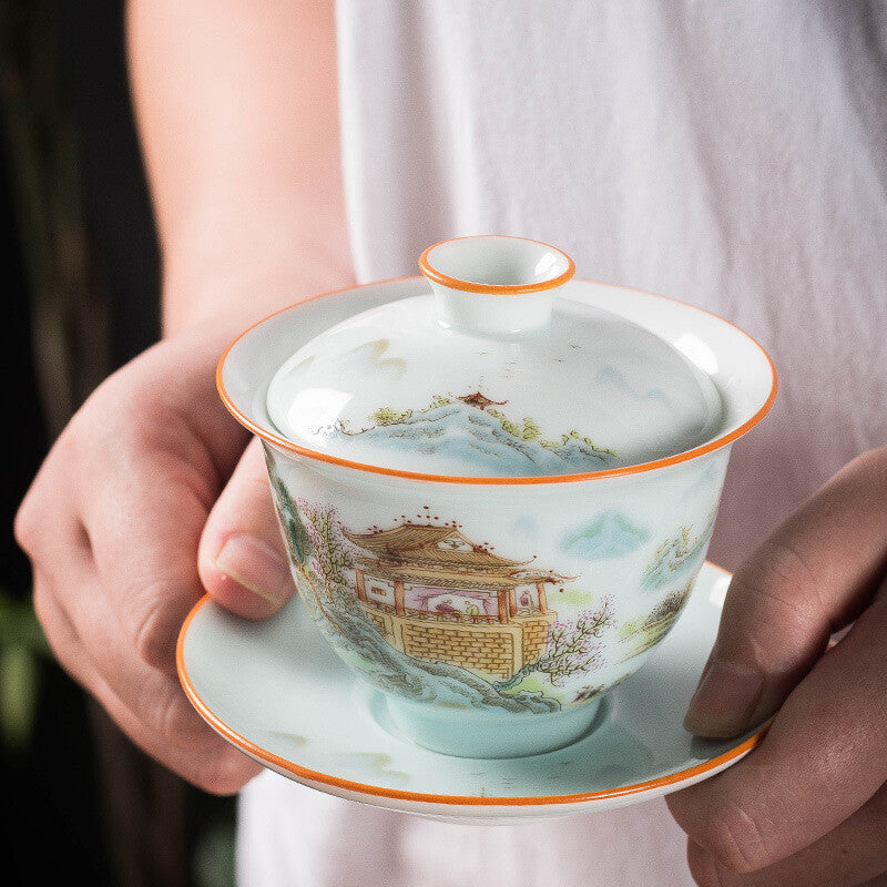 175ml Chinese Handpainted Porcelain Gaiwan Tureen Covered Bowl Coaster Tea Set