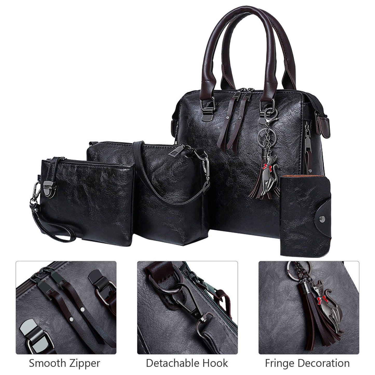 4pcs Vintage Women Handbag PU Leather Tote Messenger Bag Wallet Clutch w/ Tassel