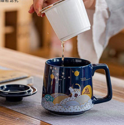 400ml Chinese Lucky Cat Office Tea Cup Ceramic Filter Tea Separation Mug Tea Set