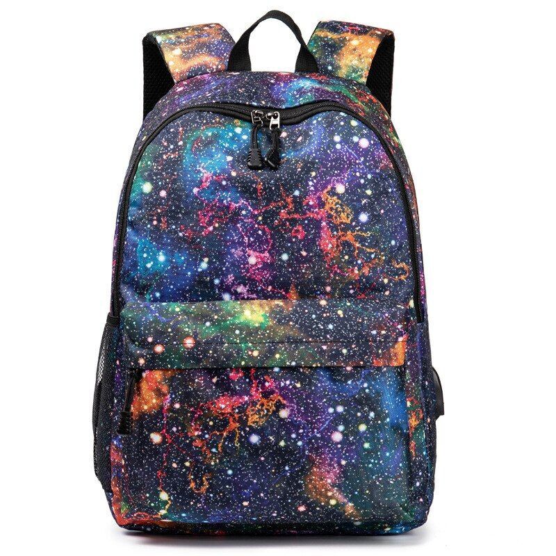 Colorful Space Print Backpack Rechargeable School Bag Traveling Polyester Canvas