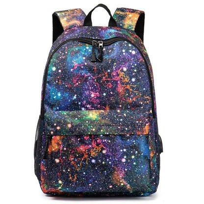 Colorful Space Print Backpack Rechargeable School Bag Traveling Polyester Canvas
