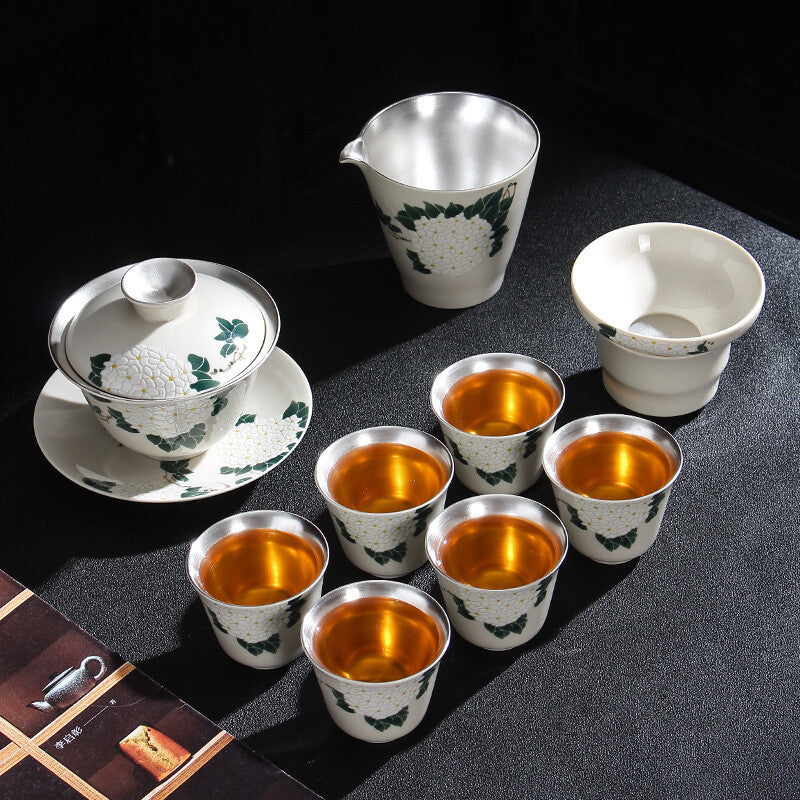 Health Care Pure Silver Tea Set Porcelain Flower Relief Honeysuckle Gaiwan Cups