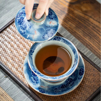210ml Chinese Ceramic Gaiwan Handmade Lotus Koi Fish Tea Tureen Tea Bowl Teaware