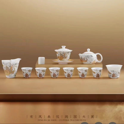 Boutique Tea Set Fat Mutton Jade Porcelain Teapot Gaiwan Hand Drawing Dragon Cup