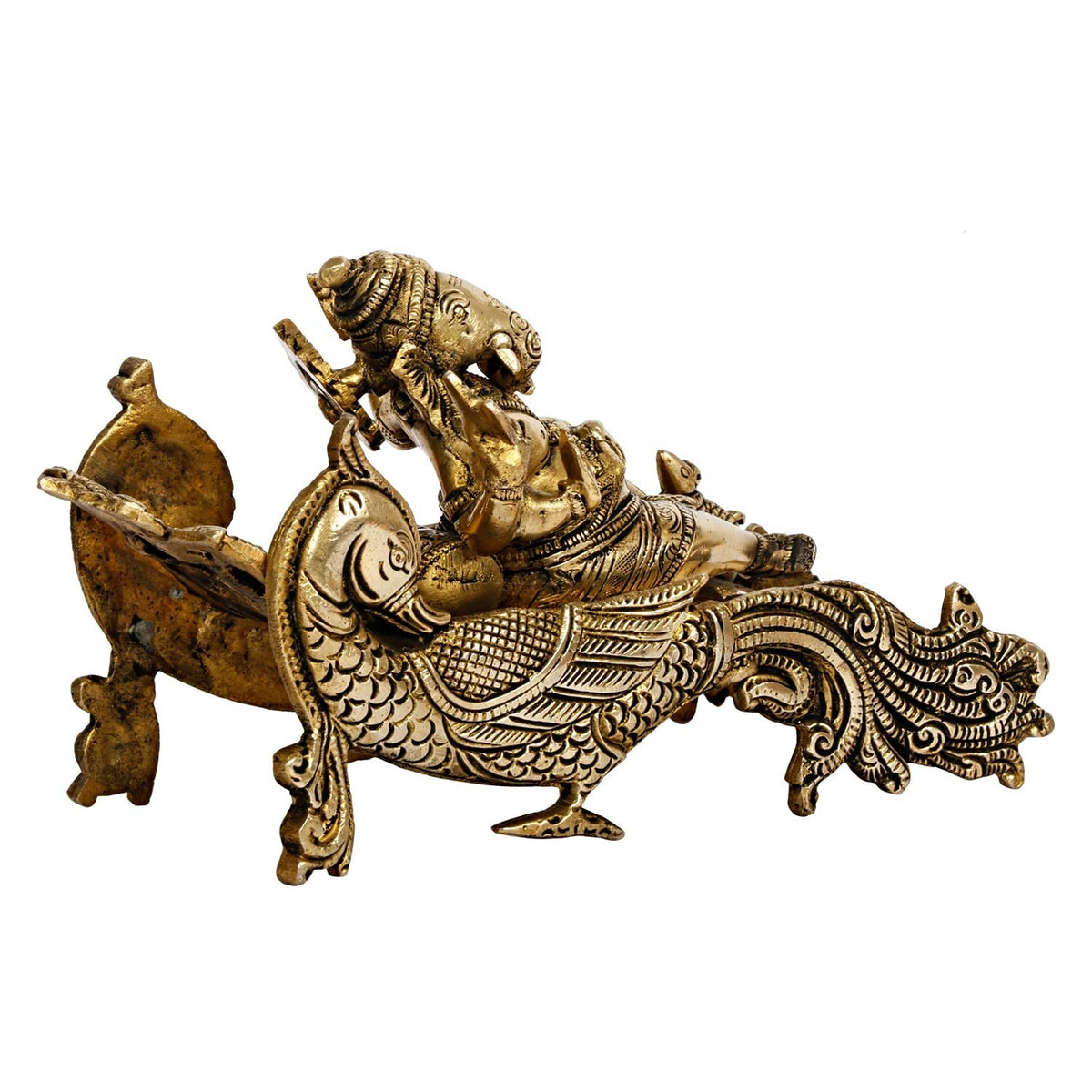 Brass Ganesha Bhagwan Idol Resting on Designer Peacock Couch Figurines