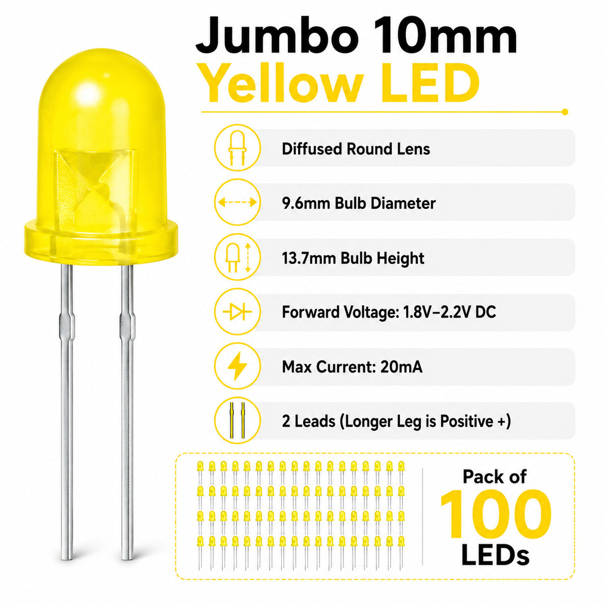10mm Jumbo Round Yellow Diffused LED, 2-Pin Through-Hole, 1.8–2.2V 20mA - 100...