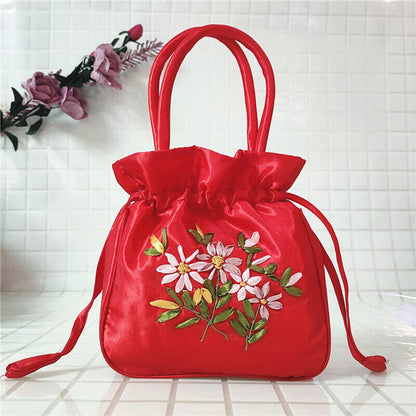 Women Ethnic Embroidered Floral Satin Handbag Girls Drawstring Tote Hanfu Bag
