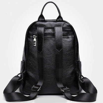 Women's Backpack Genuine Leather Black Zipper Travel Backpack College Bag