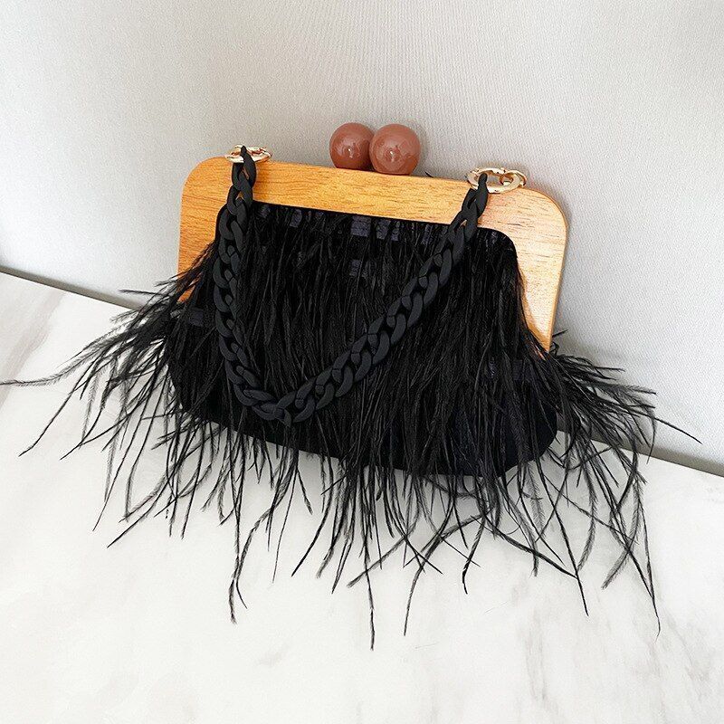 Ostrich Feather Handbag Retro Wooden Evening Purse Acrylic Chain Shoulder Bags