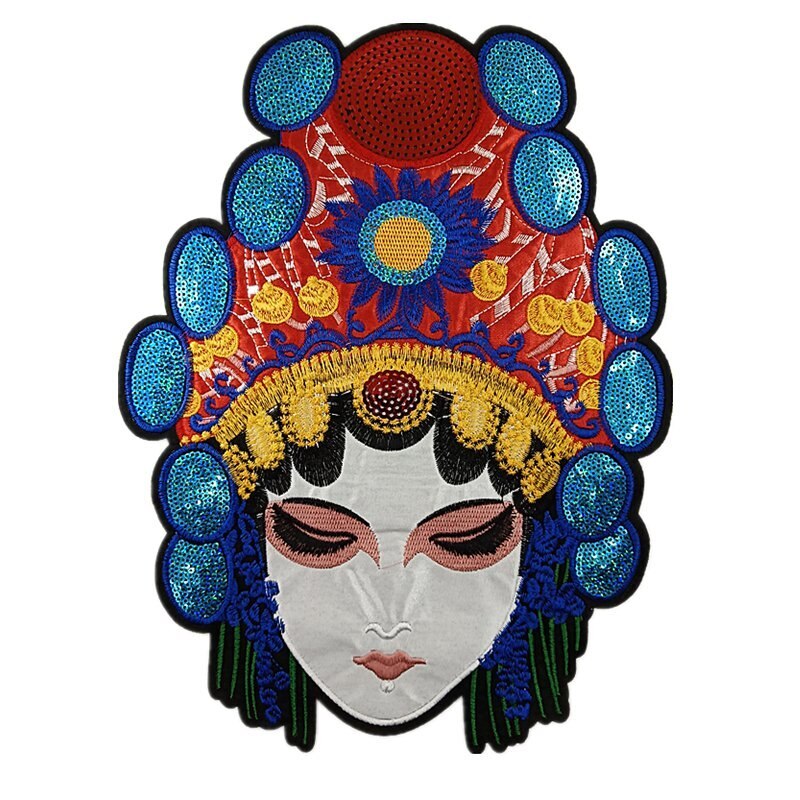 2pcs Chinese Style Sew on Sequined Peking Opera Mask Patch Embroidery Patches