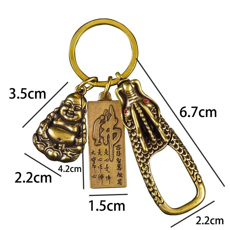 Solid Brass Smiling Maitreya Buddha Figures Tag Keychain Pendant Vintage Copper