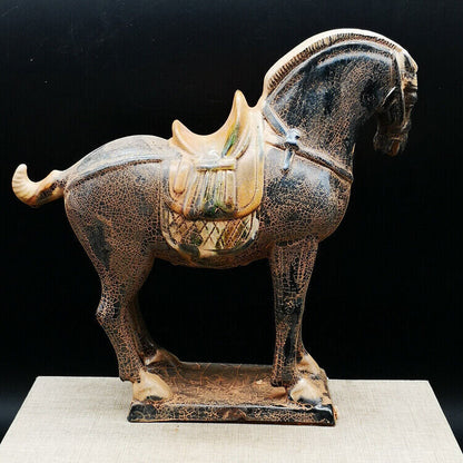 Chinese 8.2 Inch Tang Tri-Color Glazed Ceramics Black War Horse Porcelain Statue