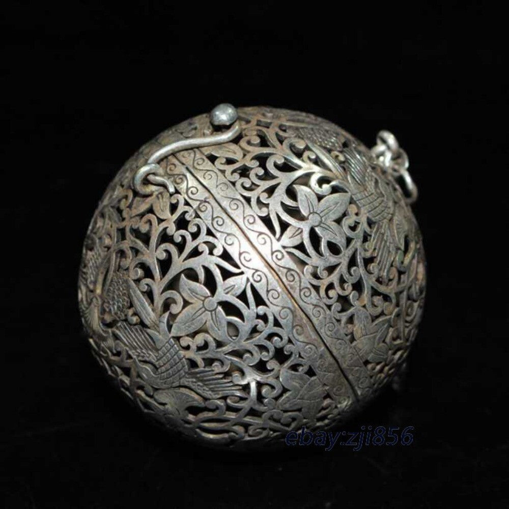 Old antique silver handmade carved Crane pattern Hang ball incense burner