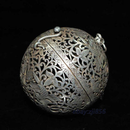 Old antique silver handmade carved Crane pattern Hang ball incense burner