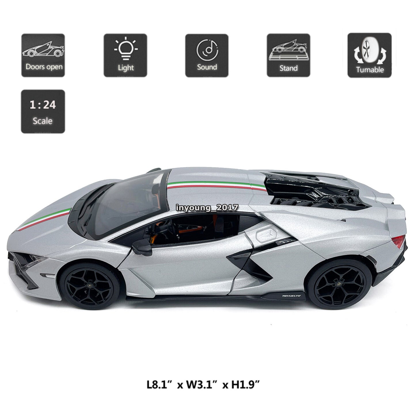 1/24 Lamborghini Revuelto Model Car Diecast Toy Vehicle Toys for Kids Silver