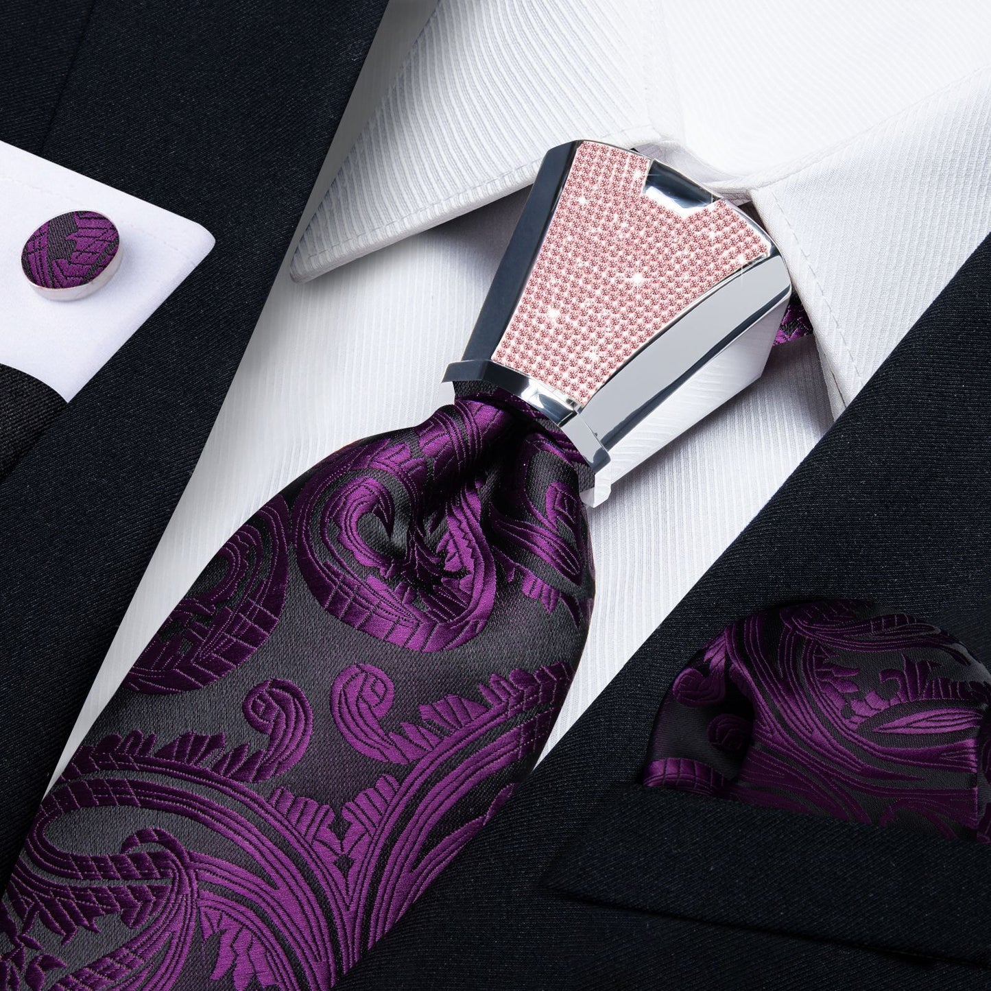 Men Necktie 3Pcs Luxury Striped Ties Cufflinks Pocket Square Wedding Accessories