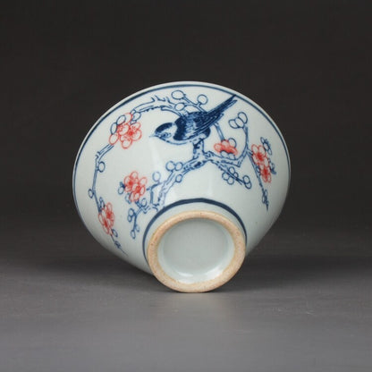 3.1" China Qing Blue White Porcelain Folk Kiln Red Glaze Plum Blossom Magpie Cup