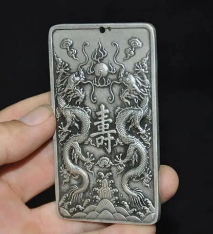 China Tibetan Silver Feng Shui Lucky Animal Dragon Statue Amulet Pendant