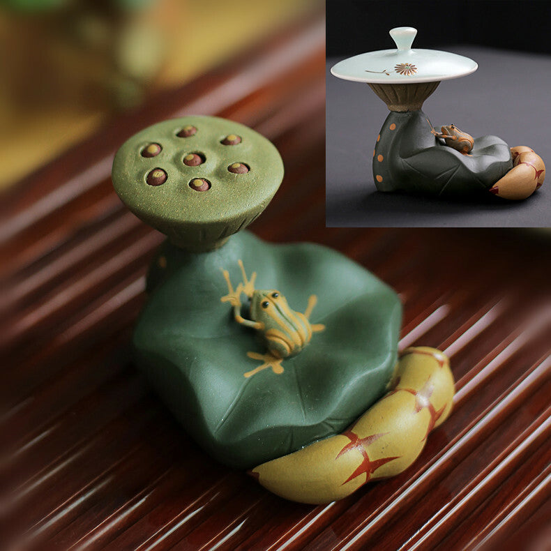 7Cm Creative Yixing Zisha Lotus Leaf Frog Tea Pet Purple Clay Tea Pot Holder Lid