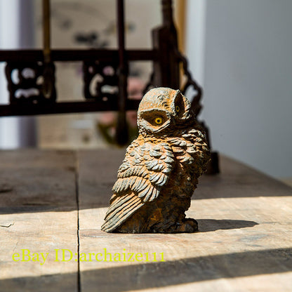 Chinese Handmade Iron Rust Cast Owl Statue Tea Pet Home Decor