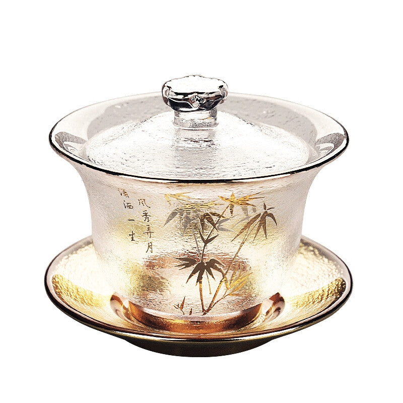Creative Gaiwan Glass Tureen Sancai Bowl Cup Saucer Lid Teaware Floral Print New